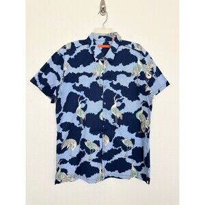 Tori Richard Crane Button Up Shirt Short Sleeve Asian Hawaiian Blue Men's Large